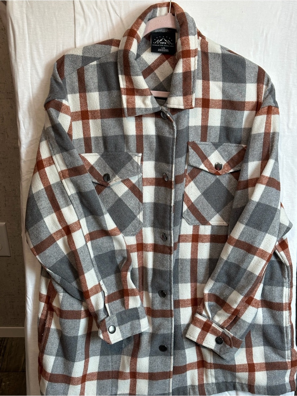 HFX Establish Your Journey Heavy Flannel Plaid Shirt Jacket Gray Rust Women L
